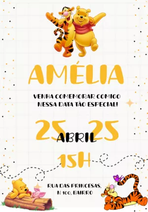 Convite de Aniversário Ursinho Pooh e Tigrão para Editar Online