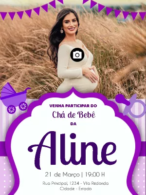 Convite de Chá de Bebê Roxo com Foto para Editar Online