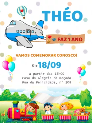 Convite Aniversário Trenzinho e Avião para Editar Online