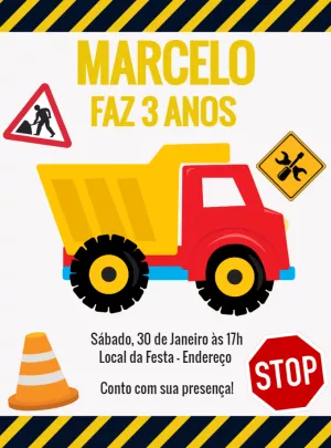 Convite de Aniversário Construção com Caminhão para Editar