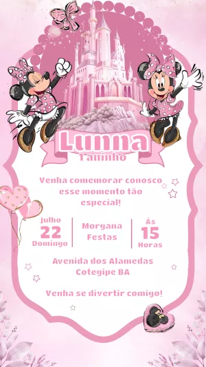 Convite Aniversário Minnie Princesa Rosa para Editar Online
