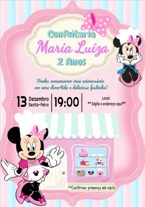 Convite Aniversário Minnie Confeiteira para Editar Online