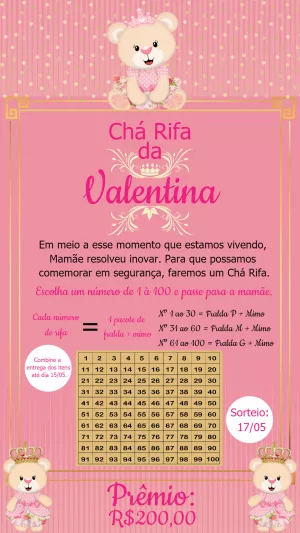 Convite Chá Rifa Ursinha Princesa para Editar Online