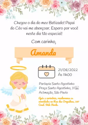 Convite de Batizado Floral com Anjinha para Editar Online