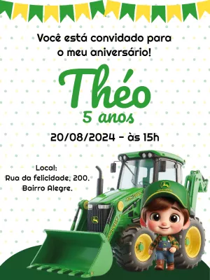 Convite de Aniversário Trator Verde para Editar Online