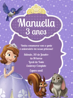 Convite Aniversário Princesa Sofia para Editar Online