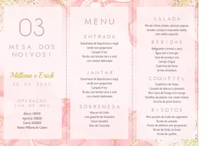 Menu de Casamento Mármore Rosa Editável Online