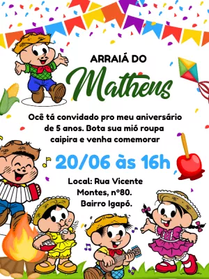 Convite de Aniversário Arraiá Turma da Mônica para Editar Online