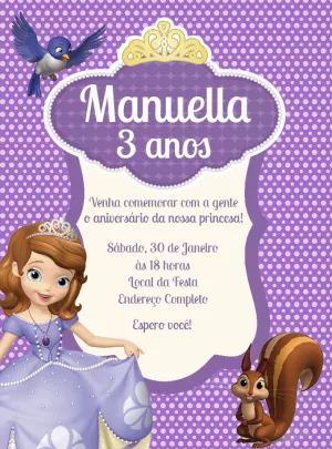 Convite Aniversário Princesa Sofia para Editar Online