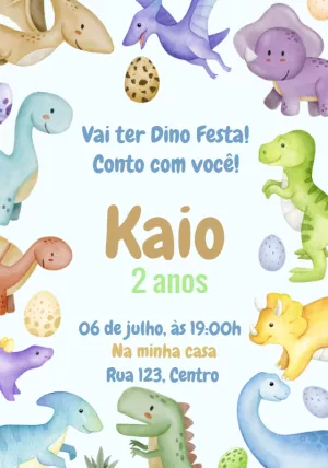 Convite de Aniversário Dino Baby Fofo para Editar Online