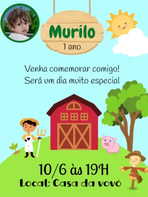 Convite Aniversário Fazendinha com Foto para Editar Online