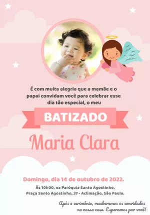 Convite de Batizado com Foto e Anjo para Editar Online