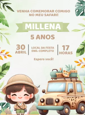 Convite Aniversário Safari Menina para Editar Online