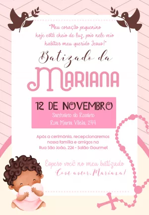 Convite de Batizado Menina Anjinha Negra para Editar Online
