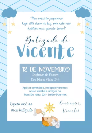 Convite de Batizado Menino Céu Azul para Editar Online
