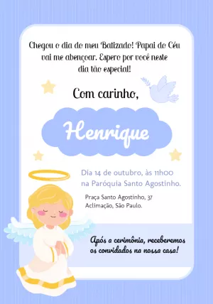 Convite Batizado Menino Anjinho para Editar Online