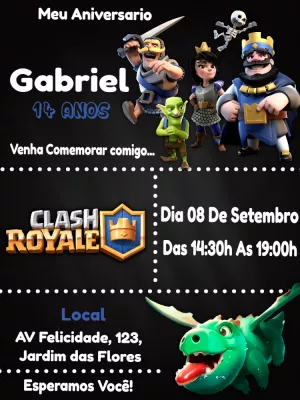 Convite de Aniversário Clash Royale com Personagens para Editar