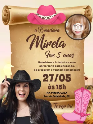 Convite Aniversário Boiadeira com Foto para Editar Online