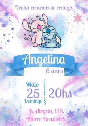 Convite de Aniversário Stitch e Angel para Editar Online
