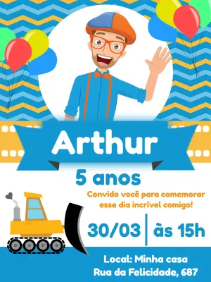 Convite Aniversário Blippi Editável Online para Imprimir