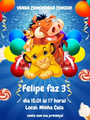 Convite de Aniversário Rei Leão com Personagens para Editar