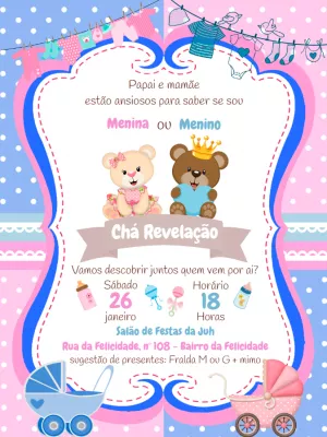 Convite Chá Revelação Ursinhos Realeza para Editar Online