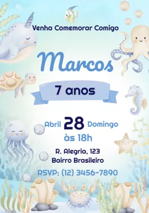 Convite Aniversário Fundo do Mar com Animais Fofos para Editar