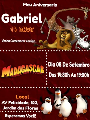 Convite de Aniversário Madagascar com Personagens para Editar Online