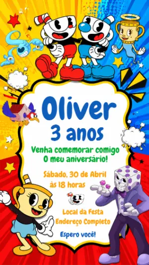 Convite de Aniversário Cuphead Colorido para Editar Online