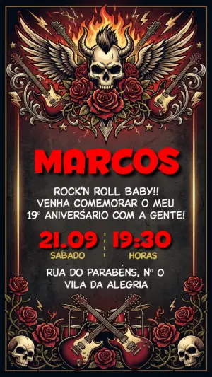 Convite de Aniversário Rock'n'Roll Caveira e Rosas Editável