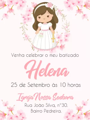 Convite de Batizado Menina com Flores de Cerejeira para Editar