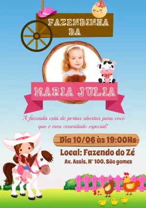 Convite Aniversário Fazendinha com Foto para Editar Online