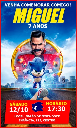 Convite de Aniversário Sonic o Filme para Editar Online
