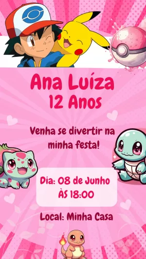 Convite de Aniversário Pokémon Rosa para Editar Online