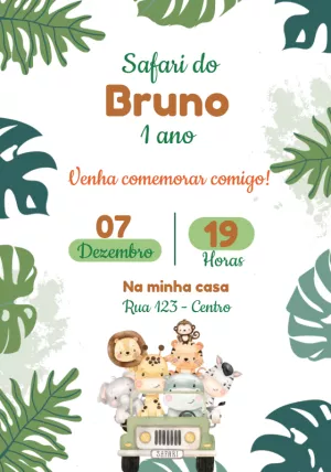 Convite Aniversário Safari Baby com Animais para Editar Online