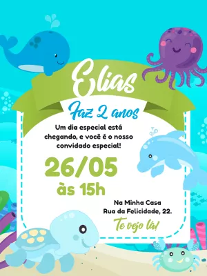 Convite Aniversário Fundo do Mar com Animais para Editar Online