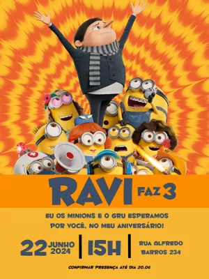 Convite de Aniversário Minions e Gru para Editar Online
