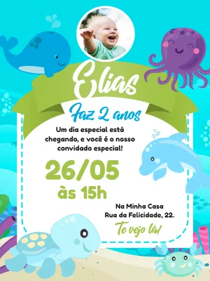 Convite Aniversário Fundo do Mar com Foto para Editar Online