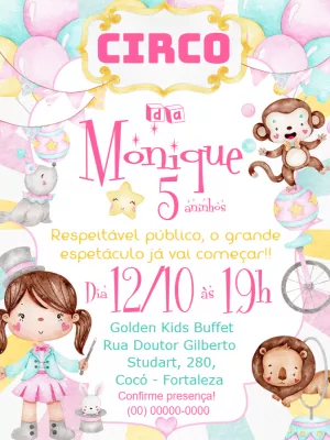 Convite Aniversário Circo Aquarela para Editar e Imprimir