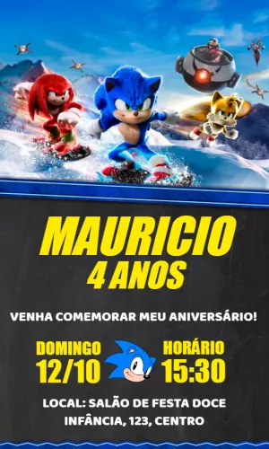 Convite Aniversário Sonic o Filme Editável Online