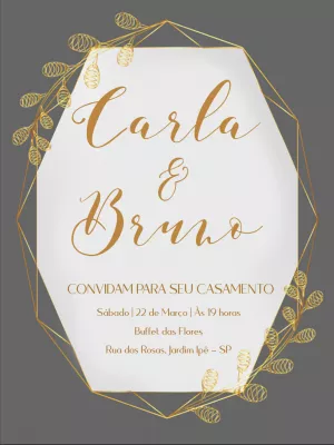 Convite de Casamento Geométrico com Ramos Dourados para Editar
