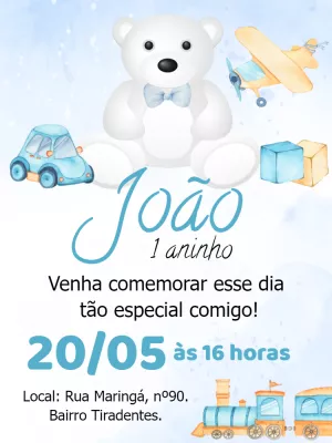 Convite de Aniversário Ursinho e Brinquedos para Editar Online