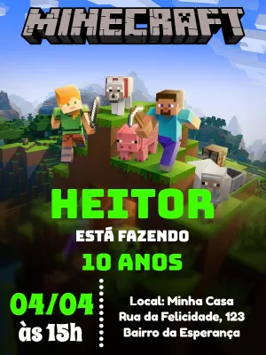 Convite de Aniversário Minecraft com Personagens para Editar