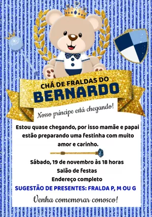 Convite Chá de Fraldas Ursinho Príncipe para Editar Online
