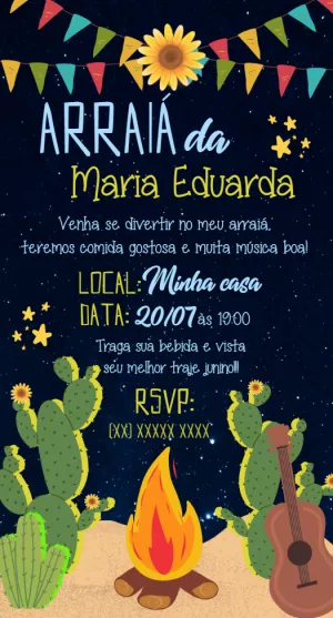 Convite Arraiá de Aniversário com Fogueira para Editar Online