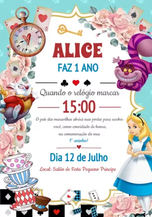Convite Aniversário Alice no País das Maravilhas para Editar