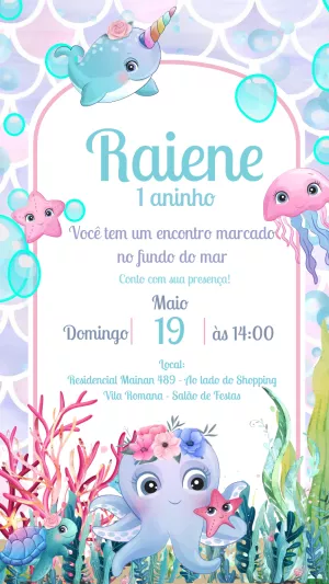 Convite Aniversário Fundo do Mar Fofo para Editar e Imprimir