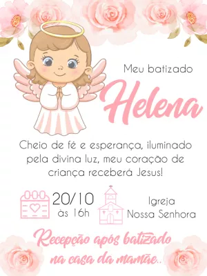 Convite Batizado de Menina com Anjinha para Editar Online