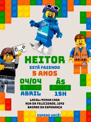 Convite de Aniversário Lego com Personagens para Editar Online