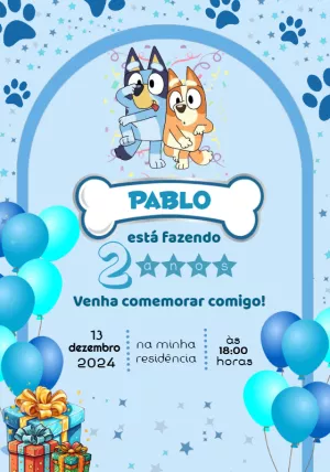 Convite de Aniversário Bluey e Bingo para Editar Online